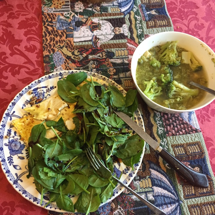 image of curried pecan spinach salad and broccoli soup